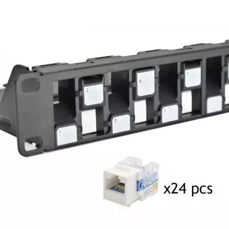 ISO/IEC Category 6a - Unshielded ISO Cat 6a / TIA Cat 6A Component-Rated Panel loaded with Side-Entry Jacks (KVA Series), w/Wire Management